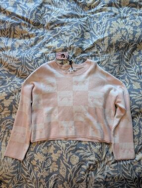 NWT Super Soft Sincerely Jules Baby Pink And Off White Checkered Bows Sweater